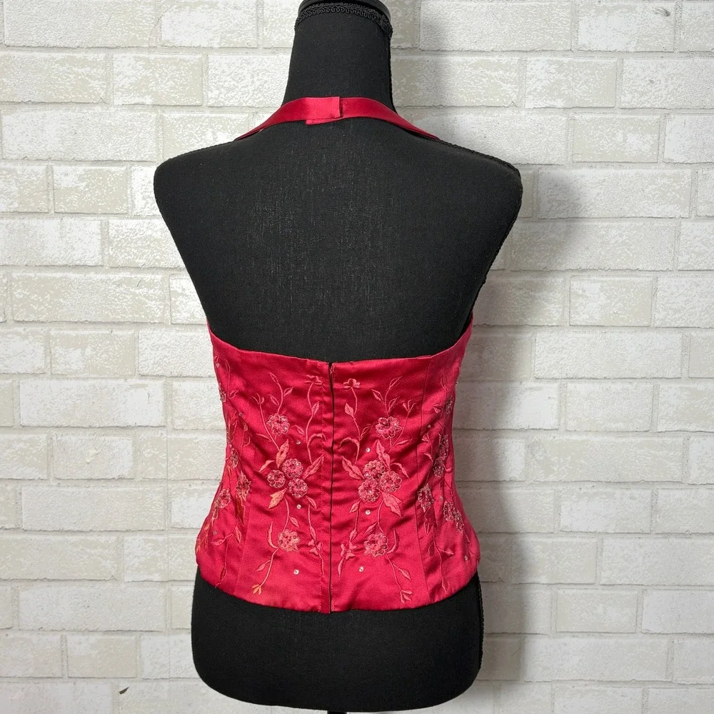 Womens Red Satin Halter Corset Top Small Embroidered Beaded Y2K Coquette Party